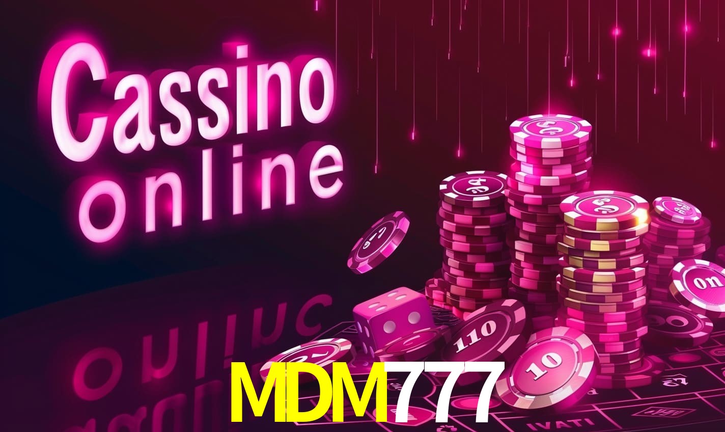 Escena dinámica inspirada en casino con iluminación MDM777, cartas, fichas e íconos de juegos digitales en un espacio moderno de juegos.