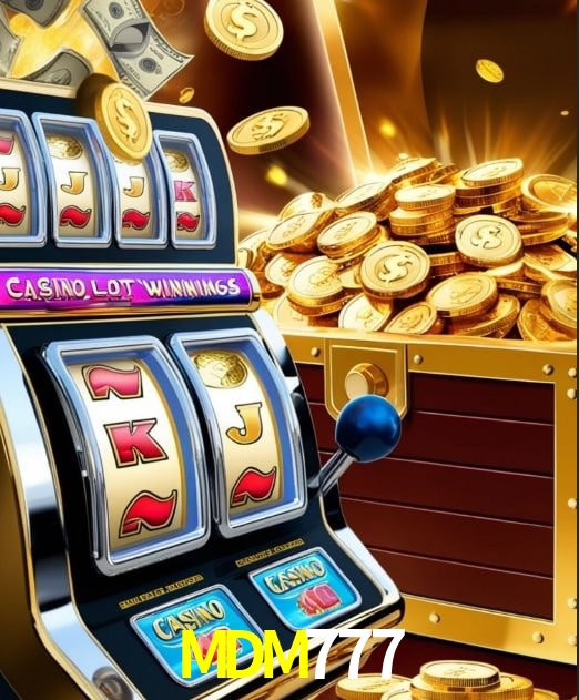 Una escena digital vívida inspirada en casino con MDM777 mostrado prominentemente, luces brillantes, fichas, cartas y acentos dorados.